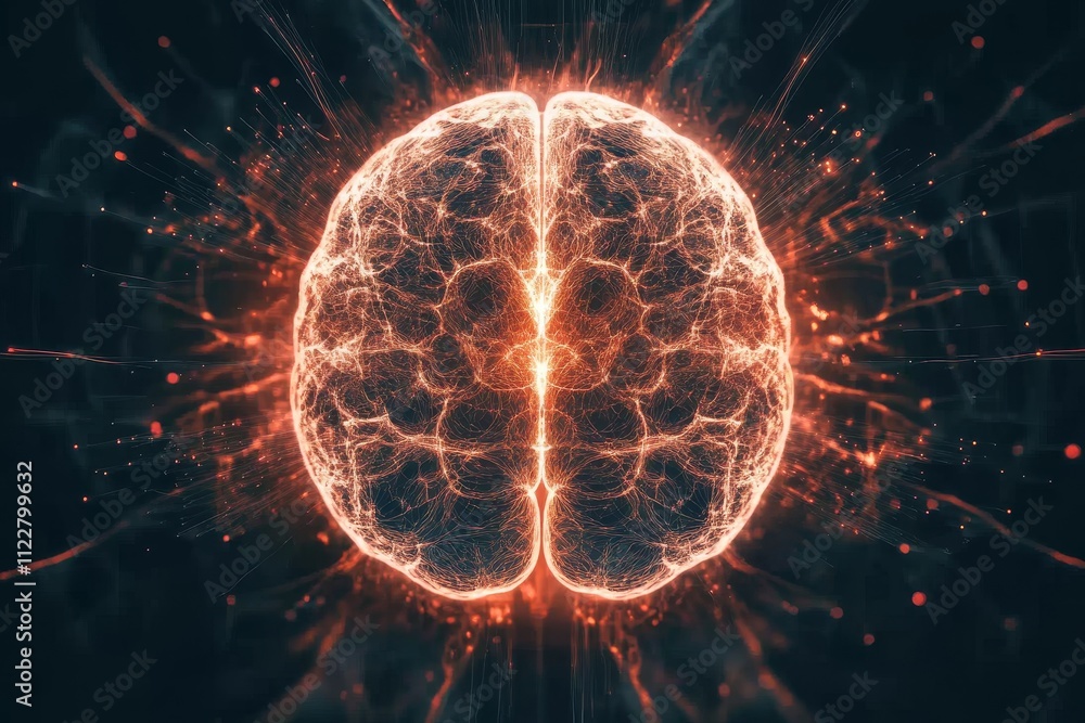 Poster abstract representation of a glowing brain illuminated with vibrant energy depicting neural connecti