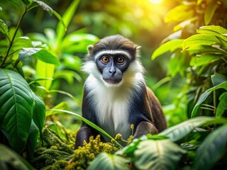 Obraz premium Captivating Landscape Photography of the Diana Monkey in Its Natural Habitat, Showcasing Lush Greenery, Vibrant Wildlife, and Serene Forest Environments for Nature Lovers
