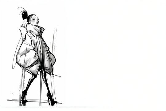 Esquisse de mode, styliste, femme &eacute;l&eacute;gante portant un manteau volumineux Oversize, traits minimalistes fond blanc, style mode contemporain, espace n&eacute;gatif copyspace.