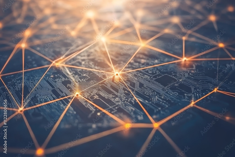 Poster abstract technology network visualization with illuminated connections overlaid on a circuit board p
