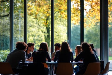 A diverse group of people engaged in a collaborative meeting around a table. Sunlight filters through the trees creating a warm atmosphere. Generative AI