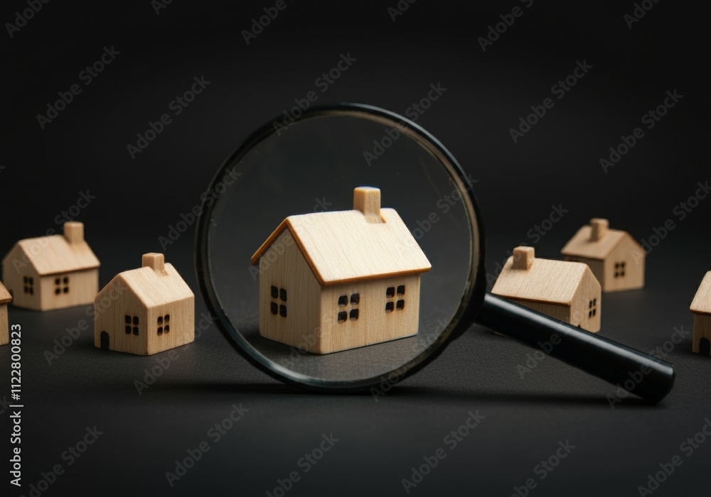 Wall mural A magnifying glass hovering over a group of small wooden houses, with the focus on a single-story house in the center, set against a dark background for contrast and depth.

