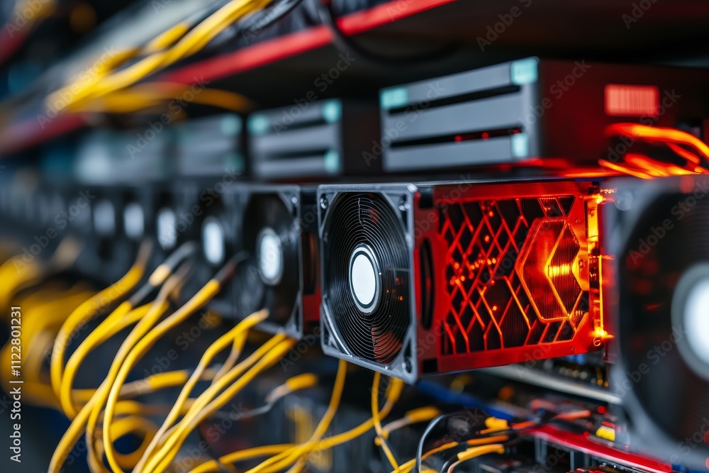Poster advanced gpu mining equipment with colorful cables and vivid led lights in a high-performance comput