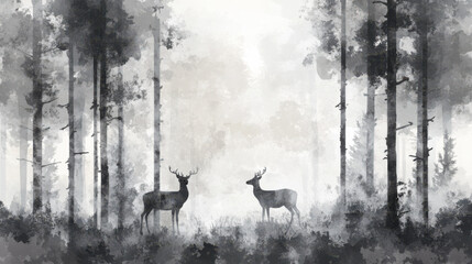 Two deer standing in misty forest, surrounded by tall trees and fog. serene atmosphere evokes sense of calm and tranquility