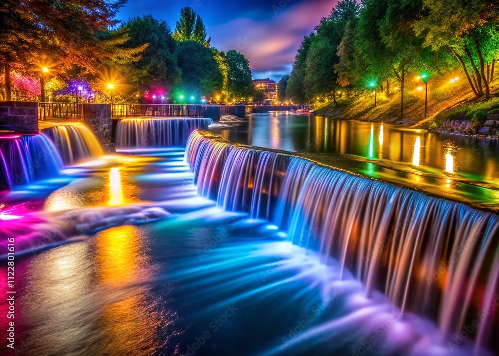 Poster captivating long exposure night scene with dynamic lights and flowing water perfect for nxt backgrou