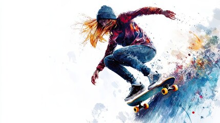 Girl Skateboarding Air Artistic Watercolor Style