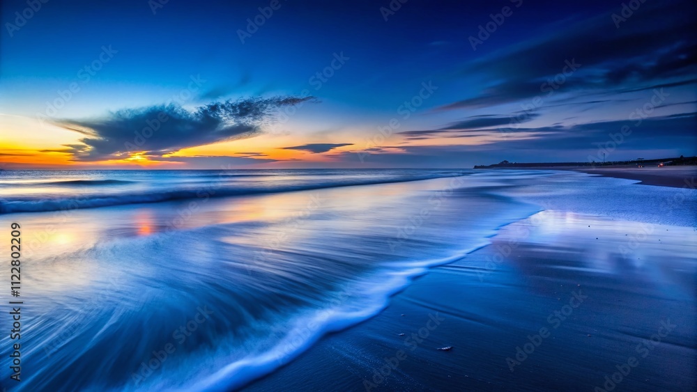 Poster captivating long exposure of a serene navy background with gentle waves and soft light effects, perf