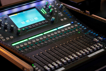 High-Tech Audio Mixer Control Surface for Professional Sound Engineering