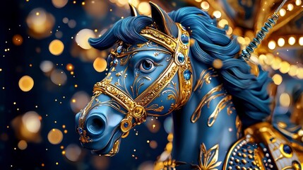 Fototapeta premium Exquisite Ceramic Carousel Horse with Intricate Gold Detailing and Sparkling Background for Vintage or Whimsical Themed Designs and Art Projects