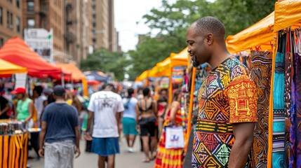 Obraz premium Vibrant Street Market Scene Showcasing Cultural Diversity with Colorful Stalls, Fashionable Attendees, and Lively Atmosphere in an Urban Setting