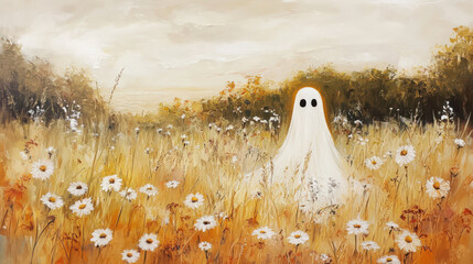 whimsical ghost in field of daisies, surrounded by golden grass and soft hues of autumn. serene landscape evokes sense of mystery and tranquility