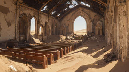 Obraz premium An abandoned church overtaken by desert sand, its pews buried and roof partially collapsed.