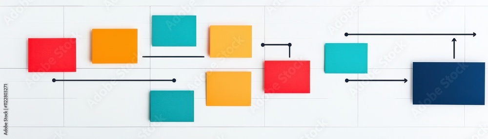 Poster a colorful flowchart with rectangular sections and arrows, illustrating a process or workflow in a v