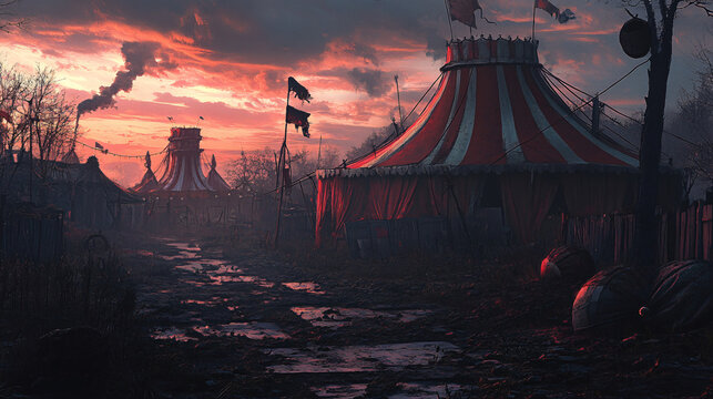 An abandoned circus ground at dusk, where broken tents flutter in the wind, and the faint sound of a ghostly carnival song plays in the background.