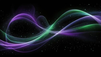 Fototapeta premium Vibrant waves of purple and green gently intertwine against a dark backdrop, showcasing smooth transitions and ethereal patterns in a mesmerizing display.