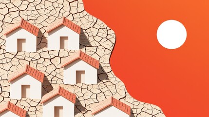 A stylized image depicting houses on cracked earth under a bright orange sky, symbolizing drought and environmental challenges.