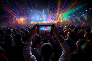 A large crowd gathers at an outdoor concert, captivated by a spectacular light show and colorful...