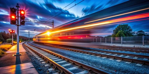 Captivating Long Exposure Shot of a Speeding Train at a Crossing with Blurred Lights and Motion Effects, Showcasing the Power and Velocity of Modern Rail Travel in an Urban Setting