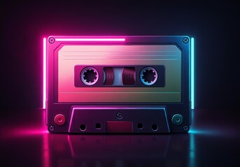 Obraz premium A digital illustration of a neon-glowing cassette tape in pink and green on a black background with a retro-futuristic vibe