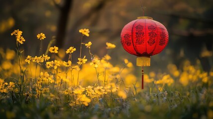 Obraz premium Red Chinese lantern hanging amidst a field of yellow flowers in soft focus.