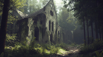 An abandoned convent hidden deep in the woods, its walls blending with the forest.