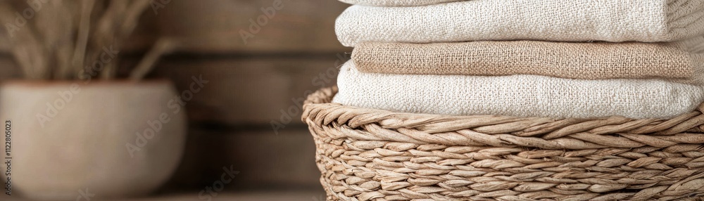 Poster a neatly organized basket holds stacked towels, complemented by a natural decor element, creating a 