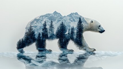 Double exposure image of a polar bear walking on a glacier with a snowy mountain forest inside, the concept of conservation wildlife and environment, International Polar Bear Day.