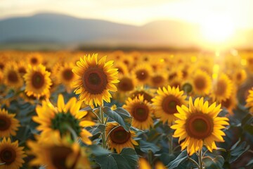 A field of sunflowers in the golden hour, with a bright sun shining in the distance. AI generative. .