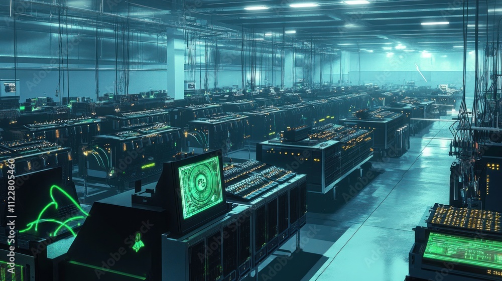 Aufkleber futuristic server room with glowing monitors and complex network infrastructure.