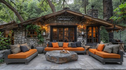 Stone cottage with patio furniture and a stone coffee table. AI generative. .