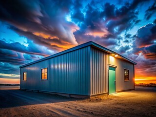 Fototapeta premium Captivating Low Light Photography of a Portable Building at Dusk, Highlighting Its Unique Structure Against a Moody Sky with Soft Lighting Effects and Shadows