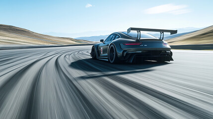 Fototapeta premium A sleek race car speeding down a straight section of a racetrack, leaving tire marks on the asphalt, with a clear blue sky in the background, capturing the speed and precision of the vehicle in motion