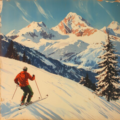 Vintage skiing postcard with snowy mountains 