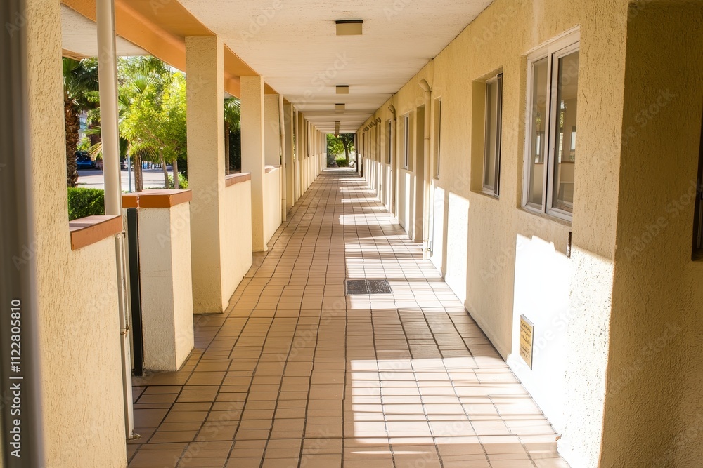 Poster bright and inviting corridor with long shadows reflecting calmness and serenity in a modern building