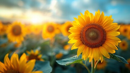 Obraz premium A single sunflower blooms in a field, bathed in the warm glow of the setting sun. AI generative. .