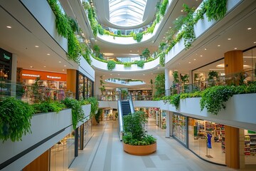 Interior of a multi-story shopping mall with greenery. Generative Ai