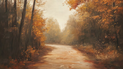 serene autumn landscape featuring winding path surrounded by vibrant orange and yellow foliage. soft light creates peaceful atmosphere in forest