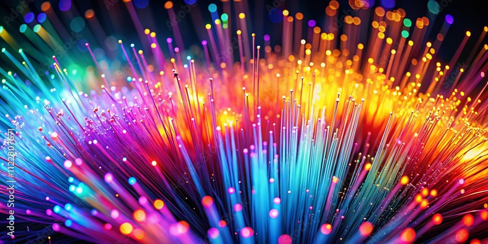 Poster captivating macro photography of a 4k video fiber optics data stream highlighting pulsating light pa