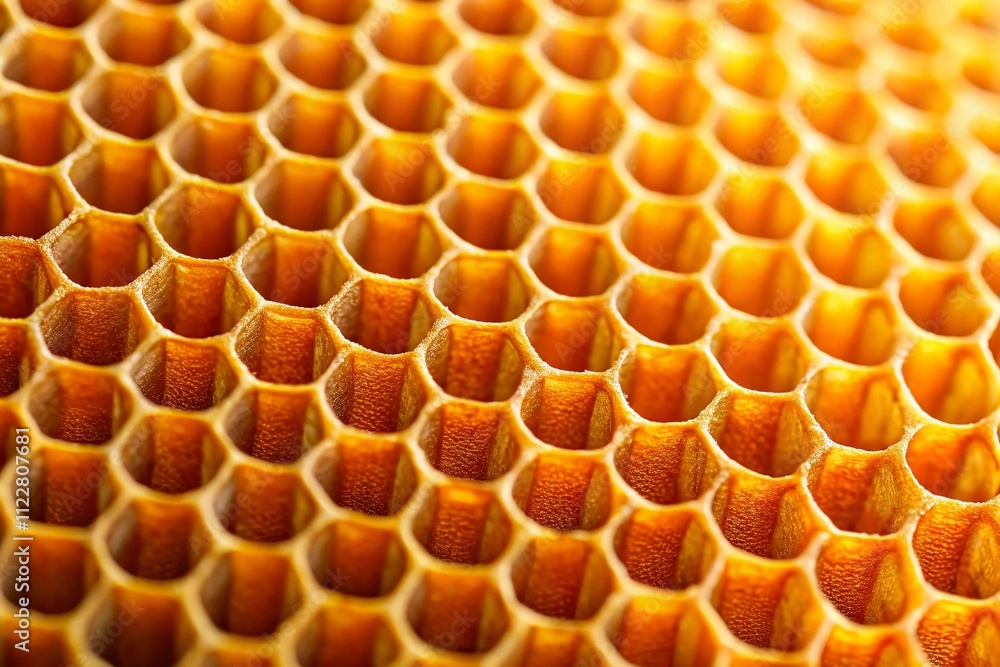 Poster captivating macro image of a golden-orange porous membrane featuring a honeycomb-like pattern with n