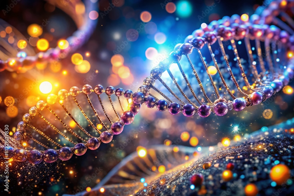 Poster captivating macro photography of a glowing dna helix surrounded by bokeh particles, perfect for scie