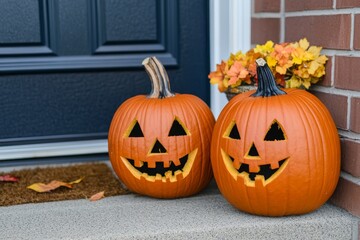 Obraz premium Cheerful Halloween Pumpkins with Grinning Faces Displayed by Front Door Surrounded by Fall Leaves and Decorative Foliage in Autumn Colors