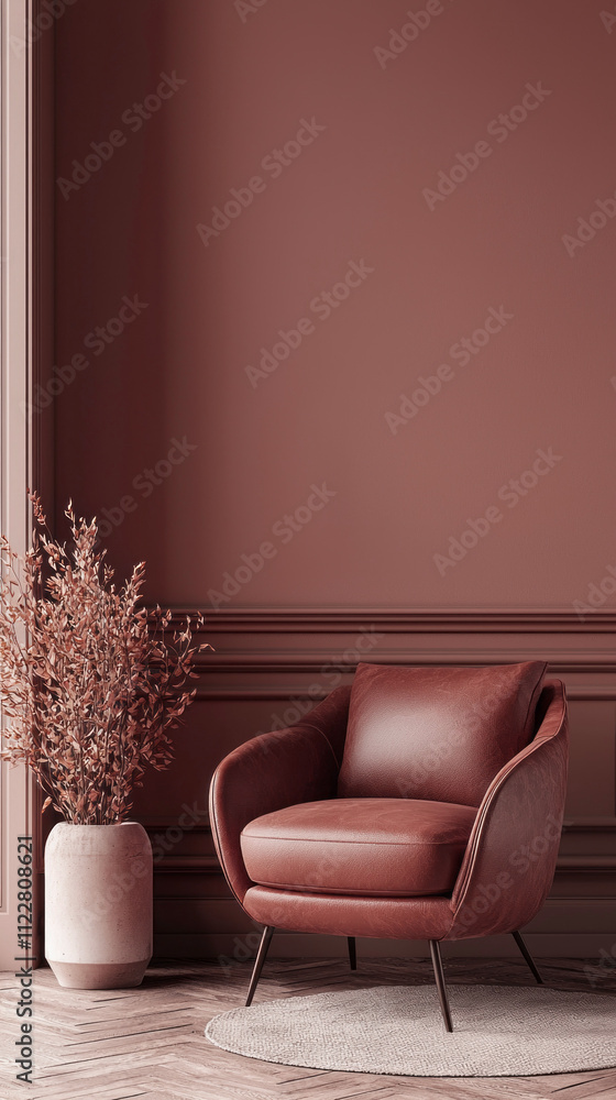 Poster a stylish room showcases a chic mocha color palette with a comfortable chair, adding warmth and soph