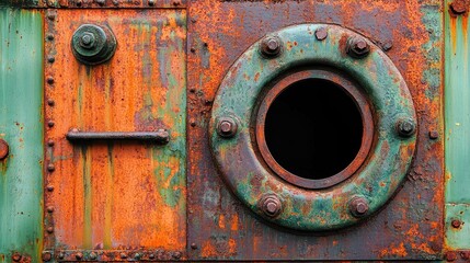 A close-up of a rusty metal surface with a circular opening and bolts.