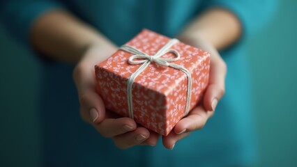 A person holding a red gift box with a white ribbon