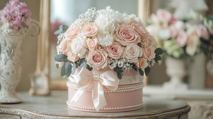 beautiful floral arrangement in hatbox with roses