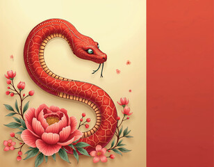 Obraz premium vector of a red snake withplum blossoms and peonies flowers arround it on a beige background