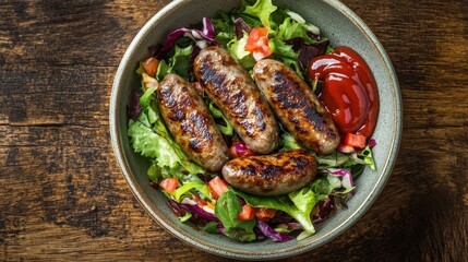 Grilled sausages on a mixed green salad in a bowl.