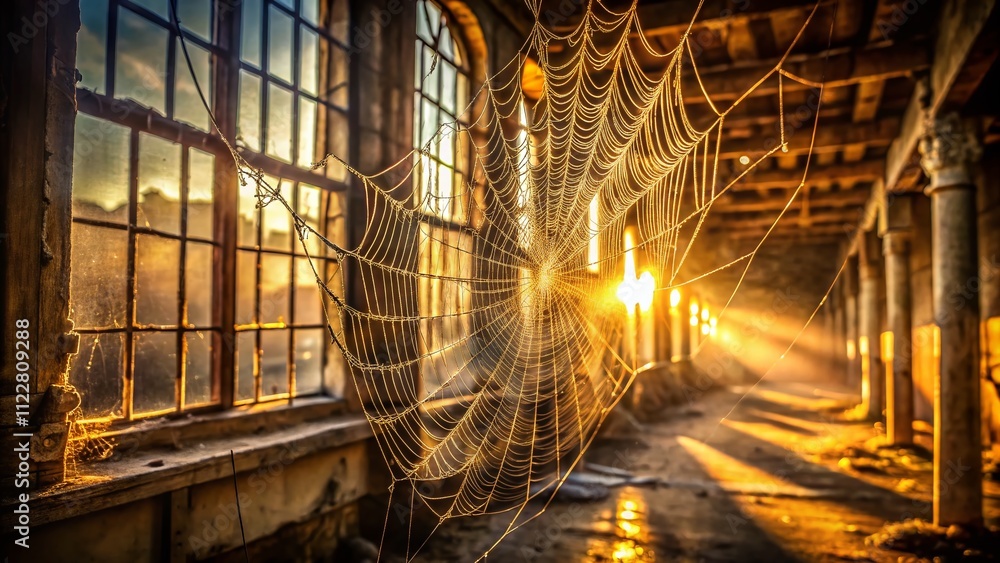 Poster captivating macro shot of a spider web glimmering in sunlight inside an abandoned building with rich