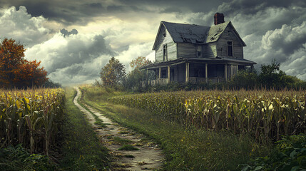 An abandoned farmhouse with an overgrown path leading to its sagging porch, surrounded by the ghostly remnants of a dead cornfield.
