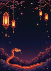 vector of a snake with chinese lanterns hanging in the night sky with stars and clouds on it